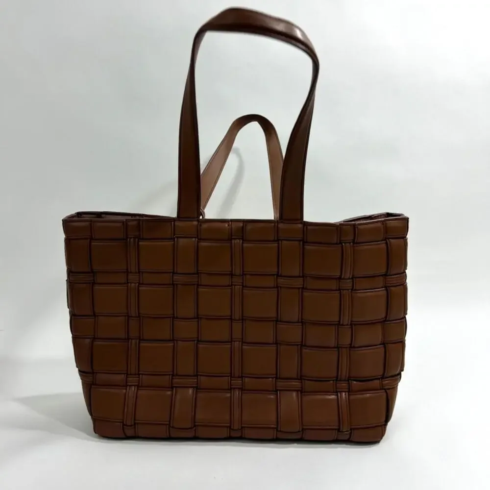 Michael Kors Brown Leather Unlined Snap Closure Ivy Medium Woven Tote Bag - Picture 3 of 11